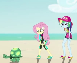 Size: 420x348 | Tagged: safe, edit, edited screencap, imported from derpibooru, screencap, fluttershy, rainbow dash, tank, tortoise, aww... baby turtles, equestria girls, equestria girls series, beach, clothes, cropped, sandals, swimsuit