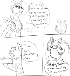 Size: 1000x1083 | Tagged: safe, artist:xxmarkingxx, princess celestia, oc:anon stallion, alicorn, earth pony, pony, anonpony, cake, comic, dialogue, food, monochrome, open mouth, simple background, smiling