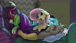 Size: 1920x1080 | Tagged: safe, artist:xxmarkingxx, discord, fluttershy, draconequus, pegasus, pony, back massage, bed, behaving like a dog, bird cage, eyes closed, fish tank, open mouth, sleeping, suprised look, tongue out