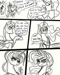 Size: 1000x1250 | Tagged: safe, artist:xxmarkingxx, princess celestia, princess luna, alicorn, pony, accusation, cake, caught, comic, food, frown, monochrome, raised hoof, simple background, smiling, talking, yelling