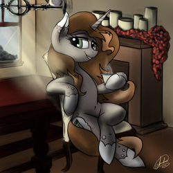 Size: 3000x3000 | Tagged: safe, artist:xxmarkingxx, oc, oc only, oc:storm destiny, pony, unicorn, candlestick, fireplace, food, sitting, smiling, steam, table, tea, window