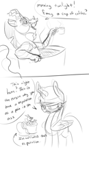 Size: 781x1500 | Tagged: safe, artist:xxmarkingxx, discord, twilight sparkle, alicorn, draconequus, coffee, comic, dialogue, irritated, magic, monochrome, mug, open mouth, twilight sparkle (alicorn), vulgar