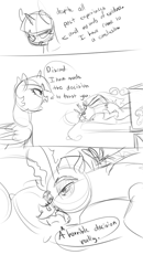 Size: 781x1500 | Tagged: safe, artist:xxmarkingxx, discord, twilight sparkle, alicorn, draconequus, pony, angry, bed, comic, dialogue, monochrome, open mouth, sleeping, talking, twilight sparkle (alicorn)