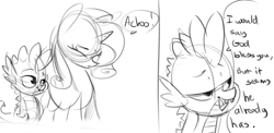 Size: 1000x489 | Tagged: safe, artist:xxmarkingxx, rarity, spike, pony, unicorn, comic, dialogue, eyes closed, monochrome, open mouth, simple background, smiling, sneezing, talking