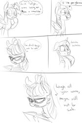 Size: 1000x1500 | Tagged: safe, artist:xxmarkingxx, moondancer, twilight sparkle, alicorn, pony, unicorn, book, comic, dialogue, glasses, magic, monochrome, nervous, simple background, talking, twilight sparkle (alicorn)