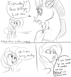 Size: 1000x1090 | Tagged: safe, artist:xxmarkingxx, fluttershy, draconequus, pegasus, pony, comic, dialogue, monochrome, sad, talking