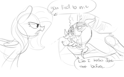 Size: 1000x623 | Tagged: safe, artist:xxmarkingxx, discord, fluttershy, draconequus, pegasus, pony, angry, dialogue, lying, monochrome, open mouth, simple background, talking