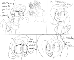 Size: 1000x821 | Tagged: safe, artist:xxmarkingxx, discord, fluttershy, posey shy, zephyr breeze, draconequus, pegasus, pony, comic, couch, dialogue, glasses, monochrome, nervous, simple background, sleeping, smiling, talking