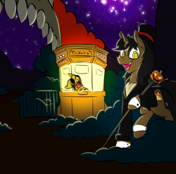 Size: 1379x1359 | Tagged: safe, artist:xxmarkingxx, oc, oc only, pony, undead, unicorn, zombie, halloween, hat, holiday, night, open mouth, pumpkin, spooky, staff, stars, ticket booth, top hat