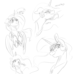 Size: 1000x1000 | Tagged: safe, artist:xxmarkingxx, princess celestia, alicorn, pony, begging, drawpile, eating, eyes closed, fork, hand, magic, monochrome, open mouth, simple background, smiling, upsies