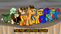 Size: 1920x1080 | Tagged: safe, artist:platinumdrop, imported from derpibooru, oc, oc only, oc:ej, oc:firey ratchet, oc:flare spark, oc:gregory, oc:shield wing, oc:stephen fisher, oc:train track, alicorn, griffon, pegasus, unicorn, clothes, female, hat, male, mare, request, stallion