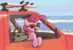 Size: 833x572 | Tagged: safe, artist:plunger, gummy, pinkie pie, crocodile, earth pony, pony, beach, car, cute, drawthread, happy, open mouth, open smile, pet, ponified animal photo, smiling, sunglasses, truck, water