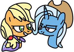 Size: 1300x920 | Tagged: safe, artist:jadeharmony, imported from derpibooru, applejack, trixie, earth pony, pony, unicorn, applejack's hat, bedroom eyes, bust, cape, clothes, cowboy hat, duo, female, freckles, grin, hat, lesbian, looking at each other, looking at someone, mare, shipping, simple background, smiling, transparent background, tripplejack, trixie's cape