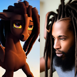 Size: 1024x1024 | Tagged: safe, imported from derpibooru, oc, oc:cliff stoudemire, oc:cocoa shea, human, pegasus, pony, fanfic:it's complicated, ai content, ai generated, dreadlocks, fanfic art, human to pony