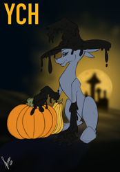 Size: 1640x2360 | Tagged: safe, artist:stirren, imported from derpibooru, goo, pony, commission, halloween, hat, holiday, looking at you, pumpkin, sitting, solo, witch hat, your character here