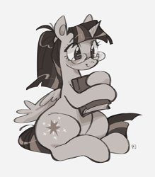 Size: 2456x2804 | Tagged: safe, artist:eunicidae, imported from derpibooru, twilight sparkle, alicorn, pony, alternate hairstyle, book, bookhorse, bottom heavy, cute, female, glasses, grayscale, mare, monochrome, plump, ponytail, simple background, sitting, smiling, solo, twiabetes, twilight sparkle (alicorn), white background, wide hips