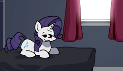 Size: 657x380 | Tagged: safe, artist:rainbrony, edit, imported from derpibooru, rarity, pony, unicorn, bed, bedroom, bedroom eyes, cropped, curtains, female, friday night funkin', funkin' is magic, horn, kush, lying down, mare, prone, smiling, solo, window, youtube link