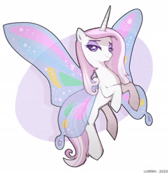 Size: 2160x2228 | Tagged: safe, artist:lummh, imported from derpibooru, fleur-de-lis, pony, unicorn, butterfly wings, female, flying, lidded eyes, looking at you, mare, simple background, smiling, smiling at you, solo, white background, wings