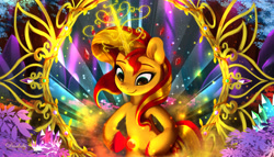 Size: 2000x1141 | Tagged: safe, artist:darksly, imported from derpibooru, sunset shimmer, pony, unicorn, colorful, crystal, female, magic, mare, solo, tree
