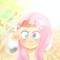 Size: 2000x2000 | Tagged: safe, artist:misocosmis, imported from derpibooru, fluttershy, pegasus, pony, bust, female, floppy ears, floral head wreath, flower, high res, lens flare, looking at you, mare, smiling, solo, spread wings, vylet pony, wings