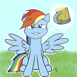 Size: 2400x2400 | Tagged: safe, artist:hardcyder, imported from derpibooru, rainbow dash, pegasus, pony, cider, cider dash, cider mug, daydream, female, high res, mare, mug, outline, pictogram, sitting, solo, spread wings, teeth, that pony sure does love cider, thought bubble, wings