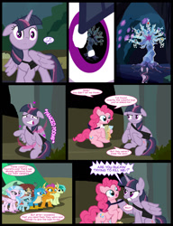 Size: 1042x1358 | Tagged: safe, artist:dendoctor, imported from derpibooru, gallus, mean twilight sparkle, ocellus, pinkie pie, sandbar, silverstream, smolder, tree of harmony, twilight sparkle, yona, alicorn, changedling, changeling, classical hippogriff, dragon, earth pony, griffon, hippogriff, pony, yak, comic:clone.., alternate universe, bag, clone, comic, everfree forest, female, floppy ears, g4, glowing, glowing horn, horn, magic, mare, pinkie clone, saddle bag, student six, teleportation, tent, twilight sparkle (alicorn)