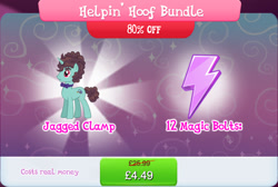 Size: 1274x858 | Tagged: safe, idw, imported from derpibooru, jagged clamp, pony, unicorn, bowtie, brown mane, brown tail, bundle, bushy brows, clear the skies, costs real money, english, gameloft, green coat, green fur, horn, idw showified, my little pony: magic princess, numbers, official, tail, text