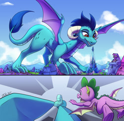 Size: 2247x2200 | Tagged: safe, artist:tsitra360, imported from derpibooru, princess ember, spike, dragon, pony, commission, crystal empire, crystal heart, dragoness, female, feral, giant dragon, giantess, high res, macro, male, winged spike, wings