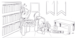 Size: 1471x755 | Tagged: safe, artist:nauyaco, imported from derpibooru, oc, oc only, pony, unicorn, :p, ass up, banner, book, bookshelf, checklist, clothes, duo, female, magic, mare, monochrome, picture frame, ponytail, question mark, searching, shirt, table, telekinesis, tongue out
