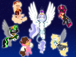 Size: 8000x6000 | Tagged: safe, artist:crazysketch101, imported from derpibooru, oc, oc only, oc:elise, oc:glimmer, oc:james scott, oc:olivia sterling, oc:stellar spark, oc:sweet tea, alicorn, earth pony, pegasus, pony, unicorn, element of generosity, element of honesty, element of kindness, element of laughter, element of loyalty, element of magic, elements of harmony, floating, magic, magic aura