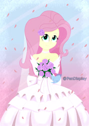 Size: 2893x4092 | Tagged: safe, artist:pendisplay, imported from derpibooru, fluttershy, human, equestria girls, bouquet, bride, clothes, cute, dress, female, flower, flower in hair, flower petals, happy, high res, signature, simple background, smiling, solo, wedding dress, wife