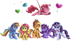 Size: 2000x1162 | Tagged: safe, artist:shira-hedgie, imported from derpibooru, applejack, fluttershy, pinkie pie, rainbow dash, rarity, twilight sparkle, alicorn, earth pony, pegasus, pony, unicorn, 2013, balloon, female, heart, heart balloon, looking at you, mane six, mare, old art, simple background, transparent background, twilight sparkle (alicorn)