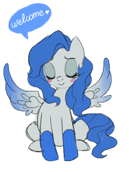 Size: 3000x4000 | Tagged: safe, artist:shira-hedgie, imported from derpibooru, oc, oc only, pegasus, pony, 2015, blush sticker, blushing, coat markings, eyes closed, female, high res, mare, old art, pegasus oc, simple background, sitting, socks (coat markings), solo, speech bubble, spread wings, transparent background, welcome, wings