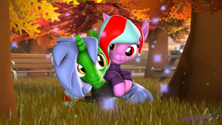 Size: 3840x2160 | Tagged: safe, artist:melodiousmarci, imported from derpibooru, oc, oc:omega(phosphorshy), oc:star beats, pegasus, unicorn, 3d, autumn, basket, bench, grass, happy, looking at each other, looking at someone, lying down, melodiousphosphor, oc x oc, scenebuild, shipping, source filmmaker, sparkles, sunset, table, tree