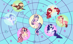 Size: 2780x1684 | Tagged: safe, artist:angellight-bases, artist:wonnie-honey-bee, imported from derpibooru, oc, oc only, oc:astral starling sentry, oc:cloudburst, oc:cresenda, oc:ginger gold, oc:magnolia, oc:morning gleam, oc:toffee nut, earth pony, pegasus, pony, unicorn, base used, earth pony oc, eyes closed, female, horn, magical lesbian spawn, mare, next generation, offspring, parent:applejack, parent:big macintosh, parent:cheese sandwich, parent:fancypants, parent:flash sentry, parent:fluttershy, parent:pinkie pie, parent:rainbow dash, parent:rarity, parent:soarin', parent:starlight glimmer, parent:sunset shimmer, parent:trouble shoes, parent:twilight sparkle, parents:cheesepie, parents:flashlight, parents:fluttermac, parents:raripants, parents:shimmerglimmer, parents:soarindash, parents:troublejack, pegasus oc, stained glass window, unicorn oc