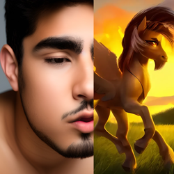 Size: 1024x1024 | Tagged: safe, imported from derpibooru, oc, oc only, oc:rickey santaña, oc:strapping lad, human, pegasus, fanfic:it's complicated, ai content, ai generated, facial hair, fanfic art, human to pony, irl, irl human, male, photo, sunset