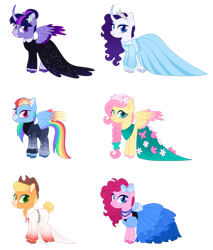 Size: 1280x1503 | Tagged: safe, artist:s0ftserve, imported from derpibooru, applejack, fluttershy, pinkie pie, rainbow dash, rarity, twilight sparkle, alicorn, pony, clothes, colored wings, dress, gala dress, mane six, simple background, transparent background, twilight sparkle (alicorn), two toned wings, wings