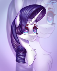 Size: 2700x3375 | Tagged: safe, artist:ingolf arts, imported from derpibooru, rarity, pony, unicorn, bust, chest fluff, cute, ear fluff, female, floppy ears, high res, horn, mare, simple background, smiling, solo, zoom layer