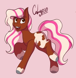 Size: 1600x1639 | Tagged: safe, artist:mscolorsplash, imported from derpibooru, earth pony, pony, calypso (horseland), coat markings, crossover, female, horseland, mare, open mouth, pink background, ponified, simple background, solo