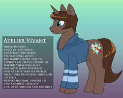 Size: 2400x1920 | Tagged: safe, artist:crovirus, imported from derpibooru, oc, oc:atelier vivant, unicorn, bio, blue eyes, brown mane, brush, clothes, cutie mark, hoodie, horn, pencil, shirt, simple background, text, unicorn oc