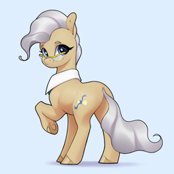 Size: 3072x3072 | Tagged: safe, artist:aquaticvibes, imported from derpibooru, mayor mare, earth pony, pony, blue background, butt, cute, female, glasses, high res, looking at you, looking back, looking back at you, mare, mayorbutt, plot, raised hoof, simple background, smiling, solo, underhoof