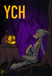 Size: 1640x2360 | Tagged: safe, artist:stirren, imported from derpibooru, pony, commission, halloween, holiday, hypnosis, pumpkin, sitting, solo, swirly eyes, tree stump, your character here