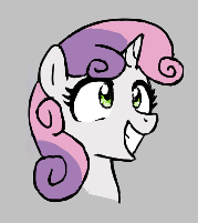 Size: 179x201 | Tagged: safe, artist:kabayo, imported from derpibooru, sweetie belle, pony, unicorn, aggie.io, bust, female, filly, foal, gray background, grin, lowres, mare, simple background, smiling, solo