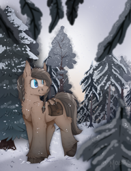 Size: 2300x3000 | Tagged: safe, artist:molars, imported from derpibooru, oc, oc only, earth pony, pony, bag, blue eyes, braid, brown fur, chest fluff, commission, female, hooves, mare, pine tree, saddle bag, smiling, snow, snowpony (species), solo, taiga pony, tree, unshorn fetlocks, walking, yakutian horse