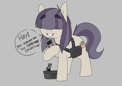 Size: 1229x865 | Tagged: safe, artist:kabayo, artist:lockheart, imported from derpibooru, oc, oc only, oc:dot matrix, earth pony, pony, aggie.io, backpack, bag, bucktooth, dialogue, eyebrows, eyebrows visible through hair, female, game boy, gray background, hair over eyes, mare, open mouth, raised hoof, saddle bag, simple background, smiling, solo, speech bubble, talking, talking to viewer