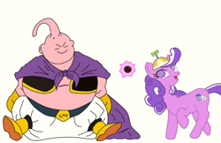 Size: 1112x721 | Tagged: safe, artist:screwbally, imported from derpibooru, screwball, earth pony, pony, anime, boots, candy, cape, clothes, crossover, dragon ball, duo, duo male and female, fat, fat boo, female, food, hat, majin boo, male, pants, propeller hat, raised hoof, shoes, sitting, smiling, vest