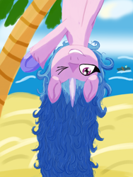 Size: 1536x2048 | Tagged: safe, artist:the crystal artist, derpibooru exclusive, imported from derpibooru, izzy moonbow, pony, unicorn, beach, boat, cloud, colored hooves, curly hair, cute, female, g5, hanging, hanging upside down, lineless, looking at you, mare, ocean, one eye closed, palm tree, sand, shading, silly, silly pony, sky, solo, tree, upside down, water, wave, wink, winking at you