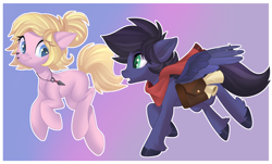 Size: 3500x2111 | Tagged: safe, artist:xvostik, imported from derpibooru, oc, oc only, oc:fenris ebonyglow, oc:kara waypoint, earth pony, pegasus, pony, bag, clothes, eye clipping through hair, fangs, jewelry, necklace, running, scarf, simple background, spread wings, wings