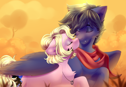 Size: 4336x2984 | Tagged: safe, artist:kiskka, imported from derpibooru, oc, oc only, oc:fenris ebonyglow, oc:kara waypoint, earth pony, pegasus, pony, clothes, cuddling, duo, eyes closed, hug, scarf, winghug, wings