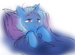 Size: 1300x963 | Tagged: safe, artist:some_ponu, imported from derpibooru, trixie, pony, unicorn, blanket, pillow, sketch, smiling, solo